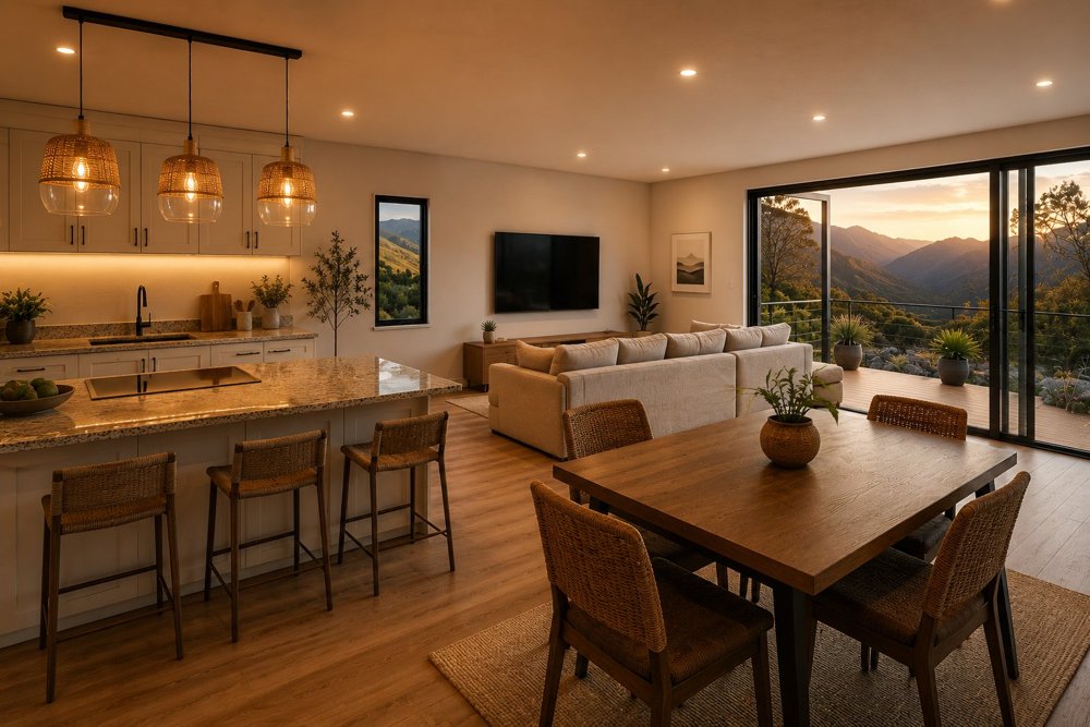 Open plan kitchen and living